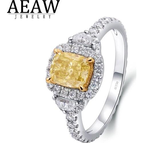 AEAW Fancy Yellow Moissanite Cushion Cut Engagement Ring 0.7ct 5x6mm For Women Real 18k White Gold Sparking Test Positive