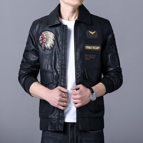 Spring and Autumn Indian Embroidered Mens Leather Jacket Mens Lapel Air Force Pilot PU Leather Motorcycle Jacket