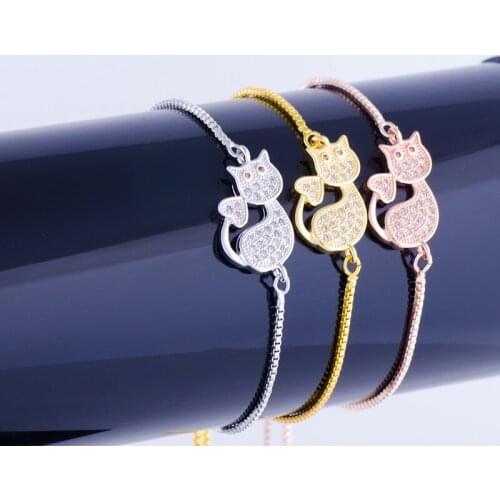 Hot Jewelry Cute Zircon Cat Charms Bracelets & Bangles Diy Copper Micro Pave Chain Bracelets For Women Handmade Pulseras Mujer