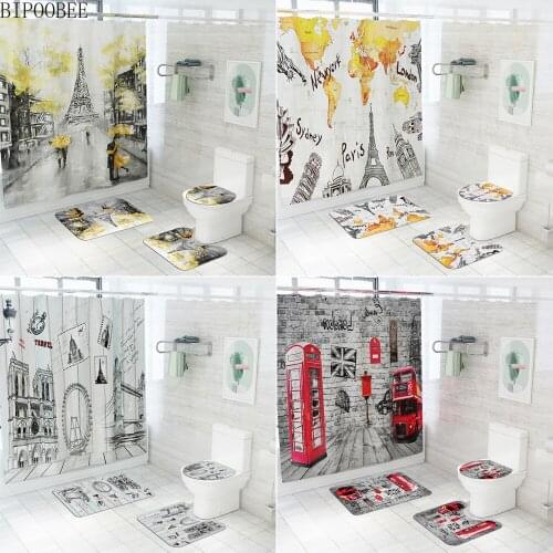 World Landmark Shower Curtain Paris Eiffel Tower Bathroom Mats Rug Toilet Cover Pedestal Rugs Durable Mildew Proof Bath Curtains