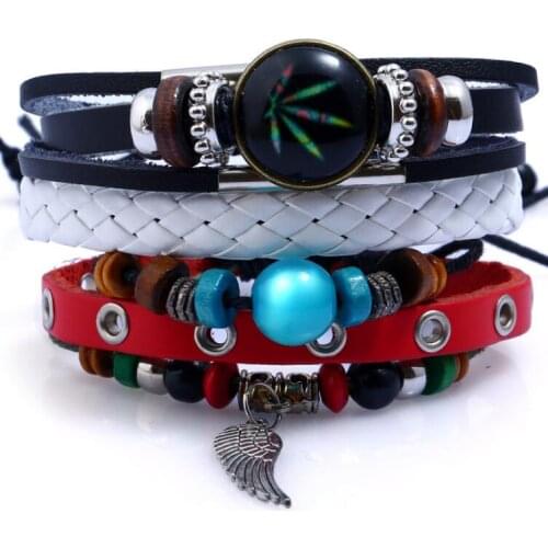 Fashion Hippie Wing Feather Maple Leaf Beads Multilayer Genuine Leather Charm Bracelets Set Braided Wristbands Bangles Jewelry