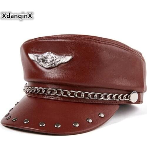 XdanqinX Genuine Leather Hat Mens Cowhide Leather Military Hats Adjustable Size Middle-aged Women Black Flat Caps Snapback Cap