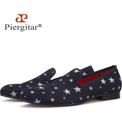 Piergitar men denim shoes fashion star printed navy blue color men loafers plus size mens flats free shipping