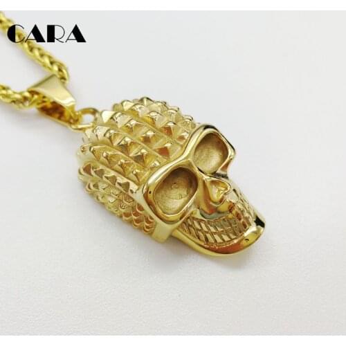 New Gold color Pyramid studs skull head pendant necklace mens 316L stainless steel skeleton skull necklace fashion CARA0364