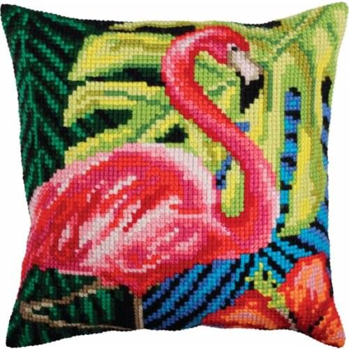 DIY Cross Stitch Cushion Front Pink Flamgino Needlepoint Kits Printed Canvas Chunky Yarn Cross-stitch Pillow Case Art and Crafts