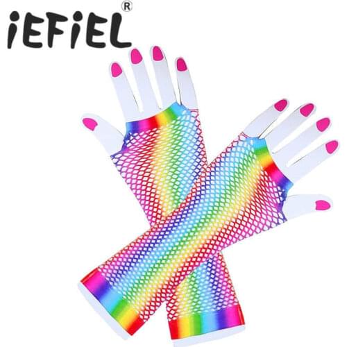 1 Pair of Colorful Retro Women Female Stretchy Fishnet Fingerless Gloves for 80s Party Supplies and Dress Up Costume Accessories