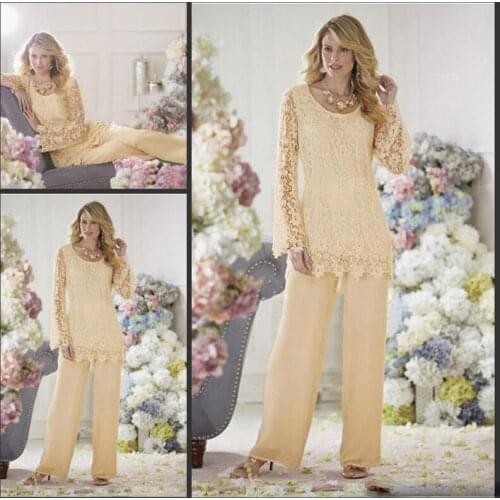 Mother of the Bride Dresses Pant Suits 2017 Hot Custom Made Vintage Formal Capped with Long Sleeves Chiffon Lace Dresses for Wed