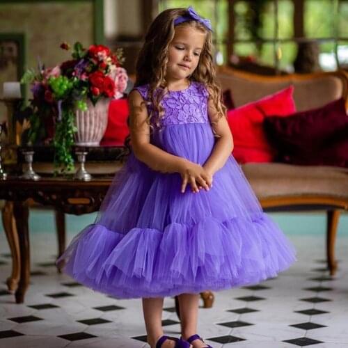 Customized Purple Flower Girl Dress Puffy Tulle Lace Top Infant Tutu Clothes Children Birthday Party Gown Photoshoot