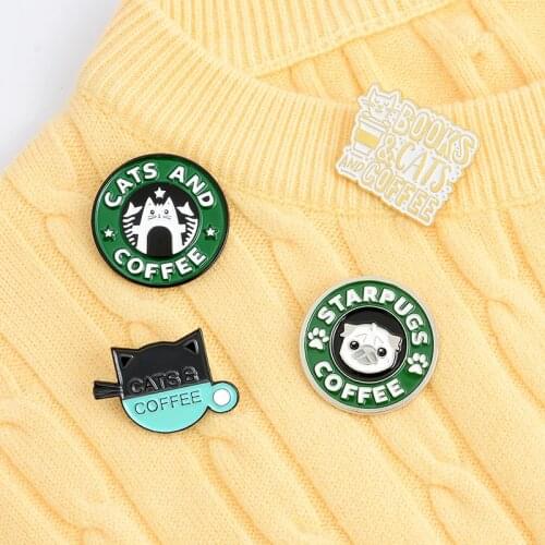 Cute enamel coffee cat brooch sex pug puppy cat cafe badge wallet shirt clothes lapel brooch buckle animal jewelry gift