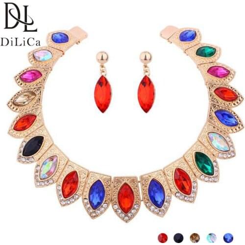 DiLiCa Fashion Jewelry Sets for Women Crystal Statement Bib Choker Necklace Dangle Earrings Female Costume Jewelry Set