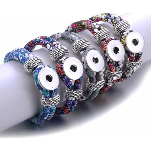 2019 New Fashion Snap Bracelet buttons fit 18mm snap jewelry Flower Printed Leather Bracelets for women Summer Jewelry
