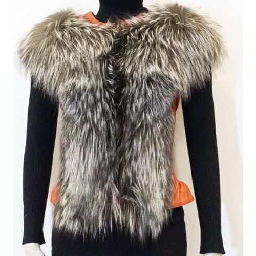Women Autumn Winter Spring Original Natural Fox Fur Collar Natural Color Genuine Leather Comfortable Famale Sleeveless Vest