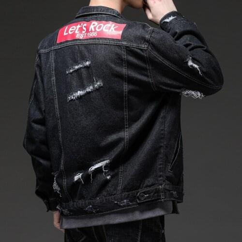 2 colours Harajuku Vintage Ruched Hollow Frayed Washed black blue denim jacket men Rock punk streetwear American Casual
