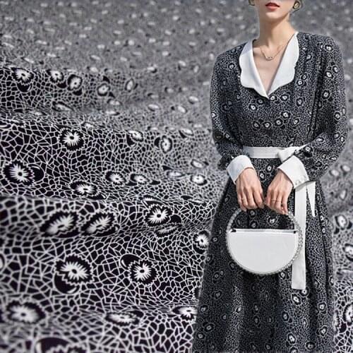 50*150cm Fashion Black Netted Flower Hibiscus Satin Chiffon Fabric French Dress Shirt Womens Handmade DIY Fabric