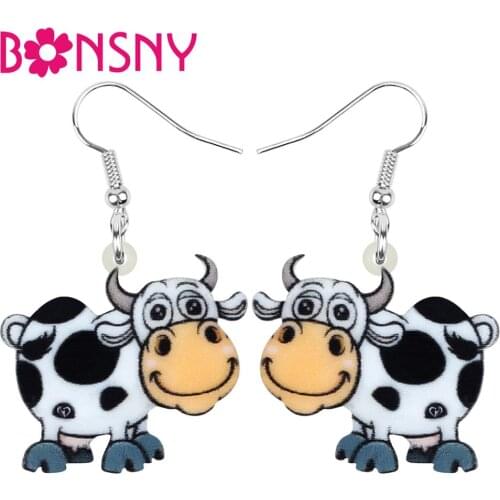 Bonsny Acrylic Anime Cow Dairy Cattle Earrings Farm Animal Drop Dangle Jewelry For Women Girls Teens Kids Charm Decorations Gift
