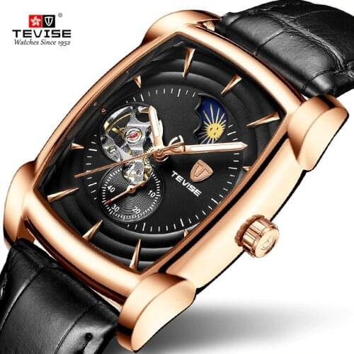 TEVISE T802D Mens Watches Top Brand Luxury Big Watch Man 41mm Luminous Hand MoonPhase Tonneau Wtaerproof Mechanical Wristwatches