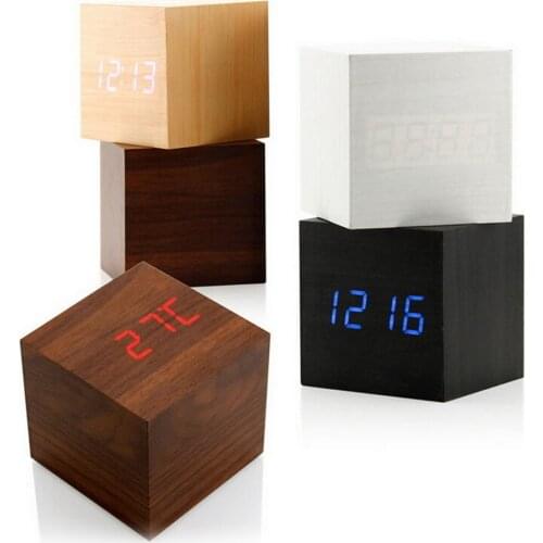 Cube Wooden Clock Voice Control LED Digital Alarm Clock Desk Snooze Electronic Table Watch Nixie Wood Bedside Alarm Clock