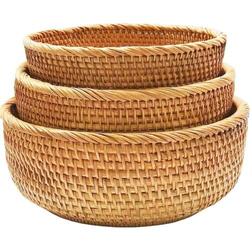 Round Wicker Baskets Handwoven Fruit and Vegetable Storage for Serving Bread Rattan Decor Basket Stackable Set of 3
