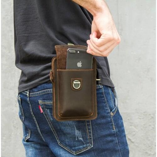Crazy Horse Leather Men Waist Pack Vintage Small Waist Bag Hook Hip Bag Belt Bag Travel Fanny Pack With Cell Phone Pouch
