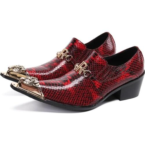 Luxury Mens High Heel Shoes Pointed Metal Cap Fashion Red Genuine Leather Dress Shoes Men for Business Party and Wedding 38-47