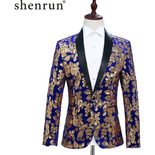 Men blazer Stylish Shawl Lapel Royal Blue Velvet Slim Fit Blazer Plus Size 5XL Gold Floral Sequins DJ Singer Wedding Suit Jacket