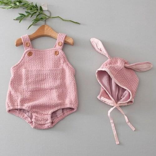 2021 New Cute Baby Girl Sleeveless Bodysuit + Bunny Ear Hat Cotton Infant Strap Jumpsuit Autumn Fashion Toddler Overalls 0-24M
