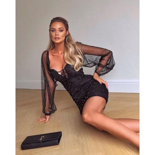 2021 autumn new ladies celebrity party nightclub dress pearl decoration lace hollow draped tulle bandage mini dress