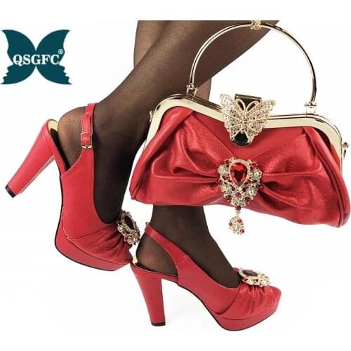 Summer New Arrivals African Design Italian Women Shoes and Bag To Match High Quality with Shinning in Red Crystal For Wedding