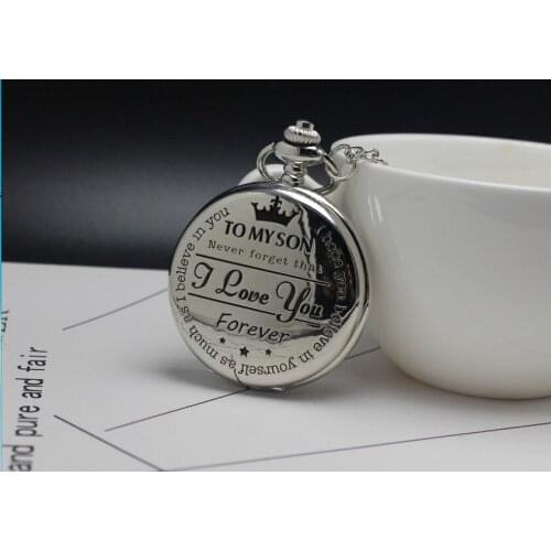 Silver Pocket Watch Personalized Pattern Steampunk Retro Vintage Quartz Roman Numerals Pocket Watch 'TO MY SON' Boys Watch Gift