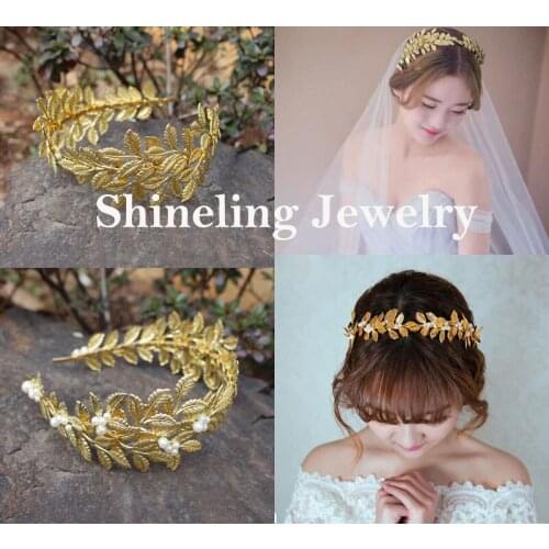 SLBRIDAL Beautiful Gold Leaf Bridal Tiara Alloy Wedding Headband Pearls Wedding Headpiece