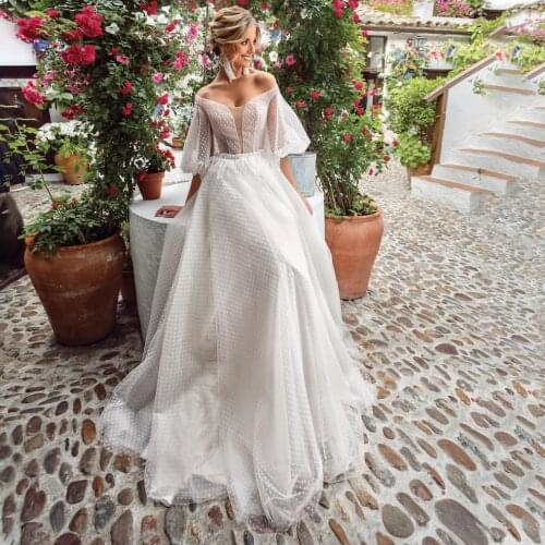 Boho Wedding Dress Polka Dot Tulle SeeThrough Half Sleeves Pearls Short Train Closure Rustic Bridal Gown Custom Made Plus Size
