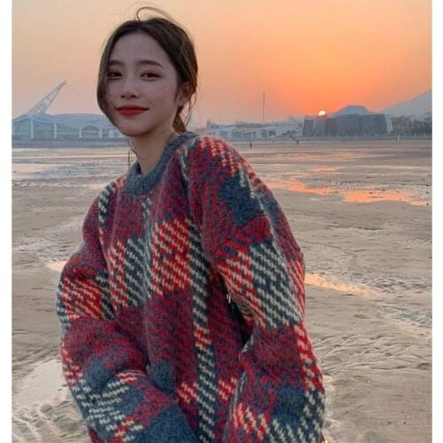 Obrix Female Loose Casual Streetwear Knitted Sweater O-Neck Full Sleeve Plaid Pattern Coarse Yam Pullover For Women