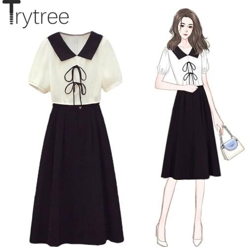 Trytree 2021 Summer Women Two Piece Set Casual Peter pan Collar Bows Shirt + Skirt Elastic Waist A-line Office Lady 2 Piece Suit