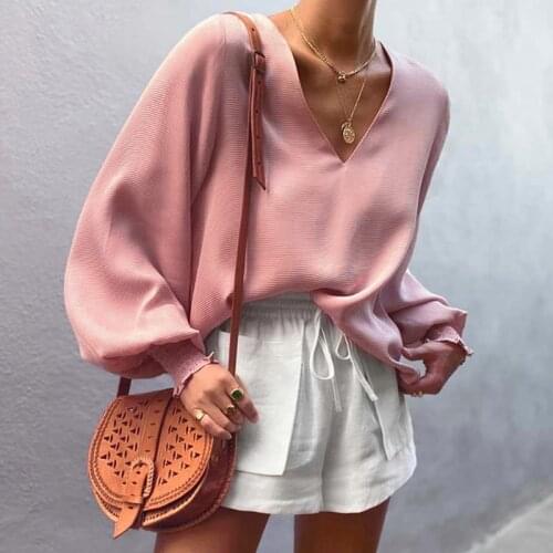 Sexy V-Neck Women Blouse 2020 Spring Autumn Elegant Pink Color Special Lantern Sleeves Lady Tops Beautiful Fashion Clothes