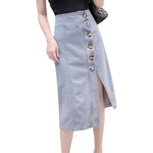 New Women Summer Denim Blue Solid Casual High Waist Pencil Denim Skirts Fashion High Street Button All-matched Jeans Skirt M346