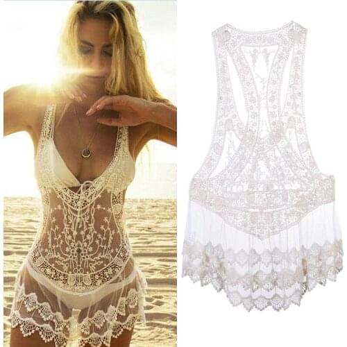 Ladies Womens Sexy White Sleeveless Lace V Neck Transparent Bikini Cover Ups See Through Swimwear Bathing Suit Beach Dress
