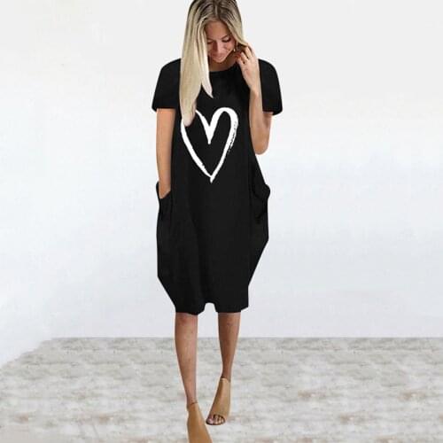 Women 2021 Casual Loose Dress Pockets Fashion O-Neck Short Sleeve Love Print Long Tops Female Street Plus Size 5XL T-shirt Dress