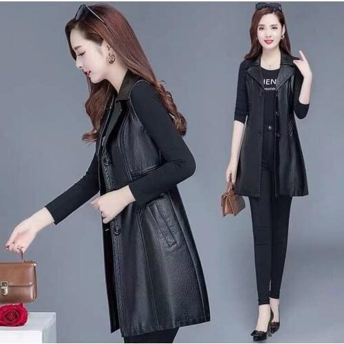 High Quality PU Leather Womens Vest Spring Coat Female Sleeveless Waistcoat Faux Leather Ladies Outerwear Plus Size 6XL Y12