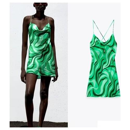 Za Summer Cross Spaghetti Straps Mini Dress Women 2021 Green Slip Sexy Backless Party Dresses Draped Neckline Club Ladies Dress
