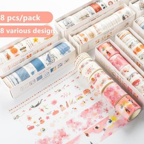 8pcs/pack Autumn Grass Flowers Animals Washi Masking Tape Sticky Paper Tape Decoration Scrapbooking Planner Masking Tape Label