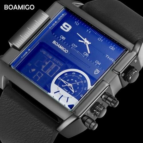 Brand men sports mens watches 3 time zone big man fashion LED watch leather band quartz wristwatches relogio masculino