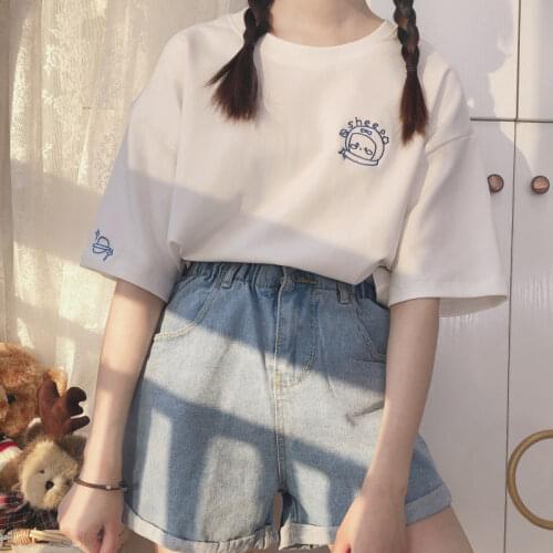 QWEEK Kawaii Tshirt Women 2021 Fashion Embroidery Women T Shirt Short Sleeve Tops White Cute Casual Loose Solid Women Tshirt