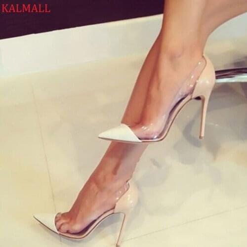 KALMALL Nude Red Patent Leather Women Pumps Pointed Toe Stiletto Heels Wedding Shoes Plexiglass Clear PVC High Heels Women Shoes
