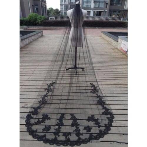 Classical Black Bride Wedding Veils Lace Edge Tulle 3M Long Cathedral Bridal Veil Velos De Novia