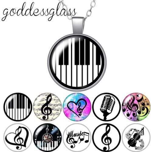 Love Music Musical instruments Musical notes Round Glass glass cabochon silver plated/Crystal pendant necklace jewelry for Gift