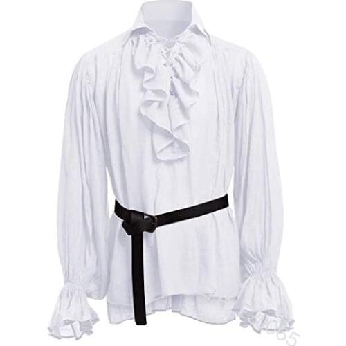 2021 Men Gothic Shirt Top Victorian Medieval Ruffle Pirate Puff Sleeve Retro Bandage Vintage Solid Lapel Pleated Top