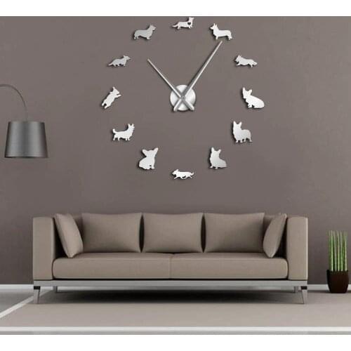 English Welsh Corgi DIY Frameless Giant Mute Wall Clock Mirror Effect Stikcer Puppy Dog Breeds Pet Shop Decorative Clock Watch