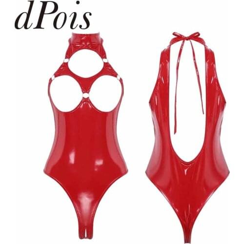 Sexy Women Wet Look Patent Leather Open Bust Lingerie Halter Neck Hollow Out Crotchless High Cut Thong Bodysuit Club Nightwear
