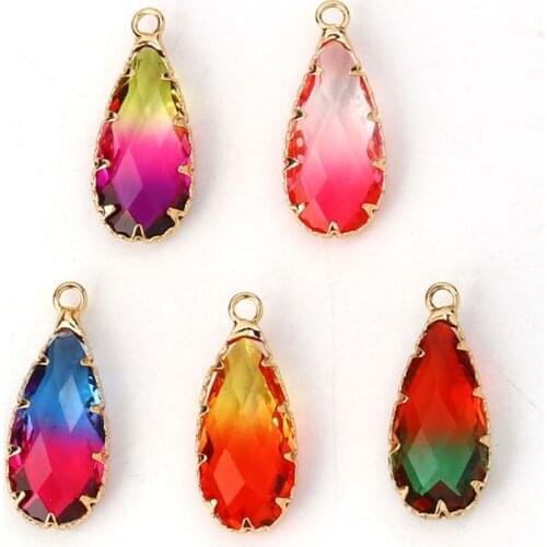 DoreenBeads Copper & Glass Pendant Drop Gold Setting Colorful Faceted Charms 24mm x11mm - 24mm x10mm(1" x 3/8"), 2 PCs