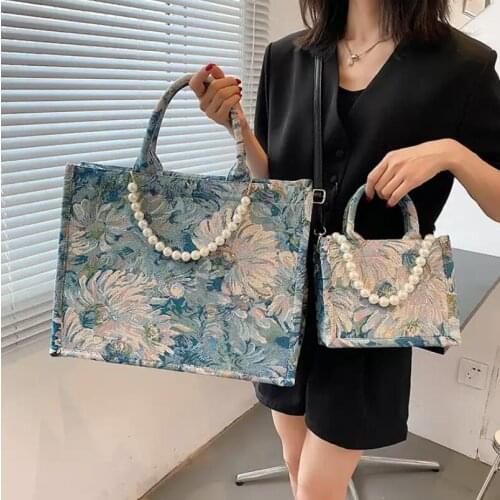 Luxury brand Ladies Pearl Tote bag 2021 Summer New Quality Denim Womens Designer Handbag High capacity Shoulder Messenger Bag